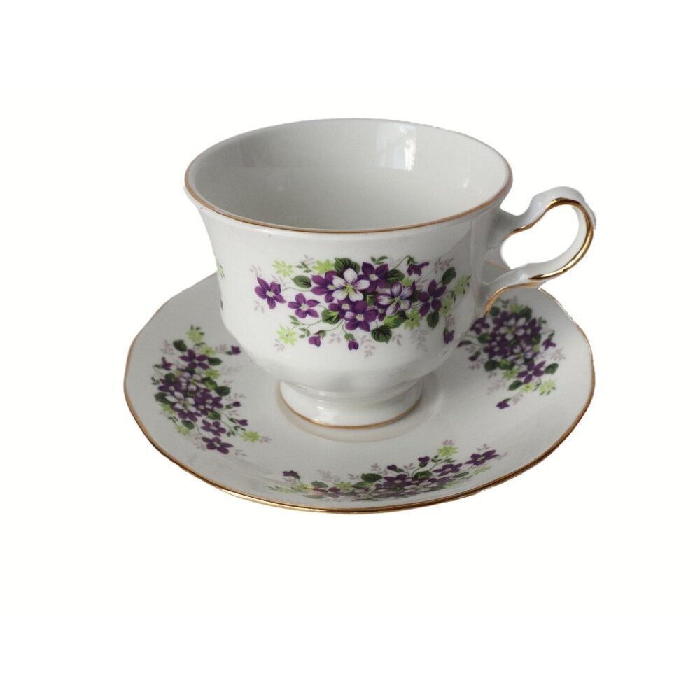 Teacup and Saucer Vintage Queen Anne Tea Cup Saucer Fine Bone China England Purp